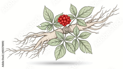 Botanical illustration of ginseng plant with root, leaves and red berries for herbal medicine