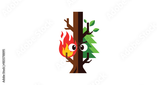 Divided tree graphic flames on one side, foliage on the other