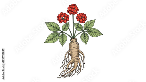 Detailed botanical illustration of a ginseng plant with roots, leaves and berries