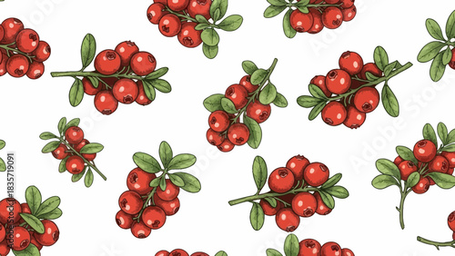 Seamless pattern design with cranberries and leaves, vintage botanical elements