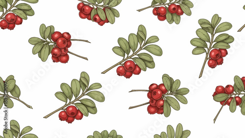 Elegant seamless pattern featuring lingonberry branches with red berries and green leaves