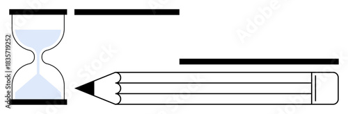 Time management, productivity, creativity, writing, deadlines, goal setting. Hourglass indicating time and pencil ideas or tasks. Time management and productivity concept