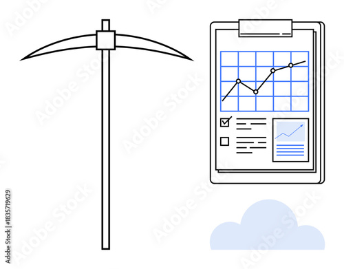 Data mining, business analytics, information processing, cloud technology, market research, data visualization. Pickaxe and clipboard with graph. Data mining and business analytics concept