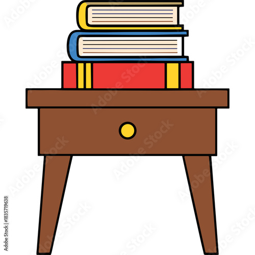 A Stack of Colorful Books Rests On A Wooden Nightstand With A Drawer And Knob
