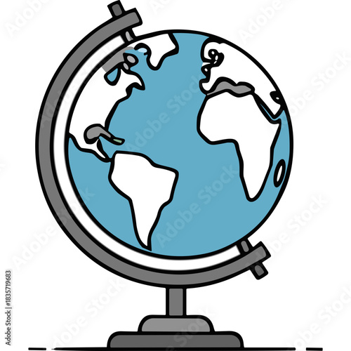 A Stylized Illustration of a Blue and White Globe on a Gray Stand Depicting Continents and Oceans Against a Black Background