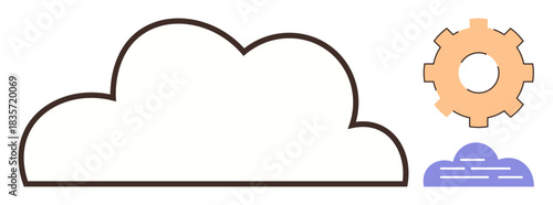 Large cloud outline paired with orange gear and purple network element. Ideal for cloud computing, technology, data storage, infrastructure, software development, innovation, simple flat metaphor