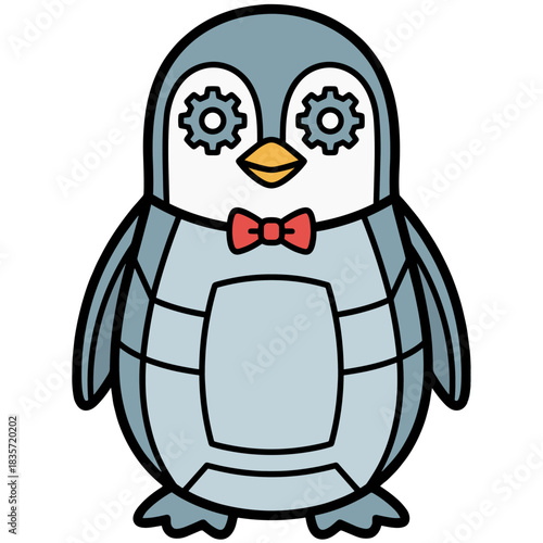 Cute cartoon robot penguin with mechanical eyes and a bow tie smiling for fun dressed up in a simple style vector icon on transparent background 