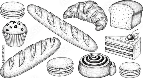 Baked goods sketch illustration, croissant baguette bread muffin cake macaron roll, vintage pastry drawing, black and white culinary vector