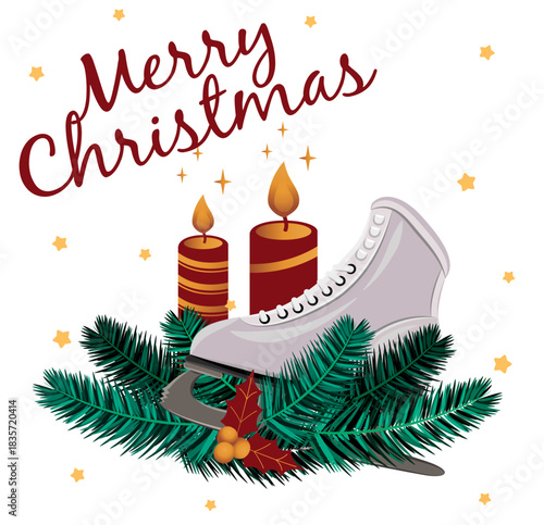 Festive illustration of an ice skate decorated with holly, pine needles, bells and holiday elements. Ideal for Christmas cards, winter artwork and seasonal decorations.