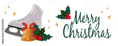 Festive illustration of an ice skate decorated with holly, pine needles, bells and holiday elements. Ideal for Christmas cards, winter artwork and seasonal decorations.