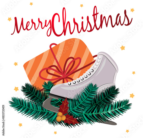 Festive illustration of an ice skate decorated with holly, pine needles, bells and holiday elements. Ideal for Christmas cards, winter artwork and seasonal decorations.