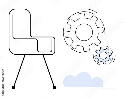 Workplace productivity, office design, efficiency, business strategy, teamwork, innovation. Minimalist chair with rotating gear icons and a cloud. Workplace productivity and efficiency concept