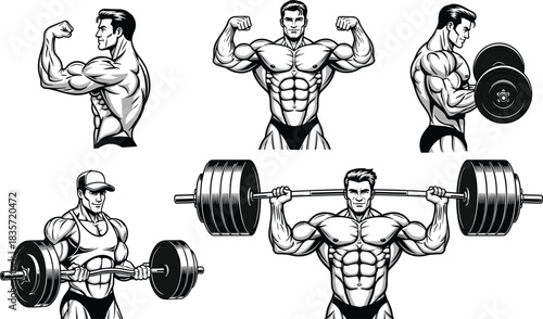 Bodybuilding and weightlifting silhouette collection, muscular man pose, gym exercise icon, barbell dumbbell workout, strength training vector design