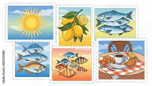 Summer in Amalfi or Sicily Italy. Vector illustration of postage stamps with image of sun, lemons, sardines, fish and breakfast in cafe for poster, placard print. Mediterranean vacation element. stock