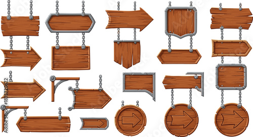 Cartoon wooden signboard collection, rustic arrow and bracket design, hanging direction icons, decorative wood texture, black vector signage set