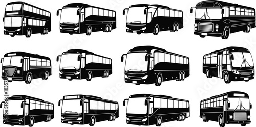 Bus silhouette illustration collection, double-decker coach vintage front view, transportation vehicle icon, black vector design, travel mobility graphic