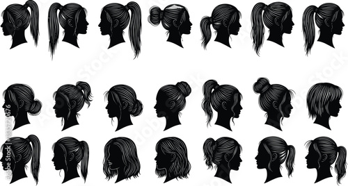 Female hairstyle silhouette illustration set, diverse hair profile design, ponytail bun layered cut icon, black vector fashion beauty graphic