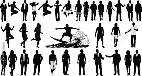 Human silhouette illustration set, casual formal active pose, walking dancing surfing meditating icon, black vector design, people movement graphic