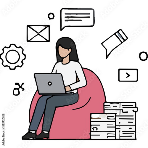 A Woman Works Remotely From A Large Beanbag Chair Surrounded By A Stack Of Papers And Digital Icons Representing Communication And Workflow