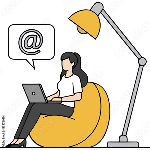A Woman Works Remotely On Her Laptop While Sitting On A Yellow Beanbag Chair Under A Tall Yellow Lamp With An At Symbol In A Speech Bubble Above Her