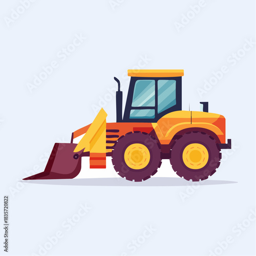 A vibrant illustration showcases a yellow and orange construction front-end loader, perfect for projects and heavy-duty tasks on a light blue backdrop.