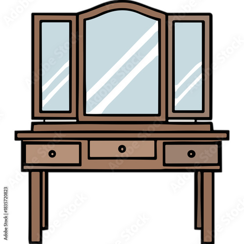 A wooden vanity table with three mirrors and three drawers in a simple illustration style with a black background and clear reflections in the mirrors