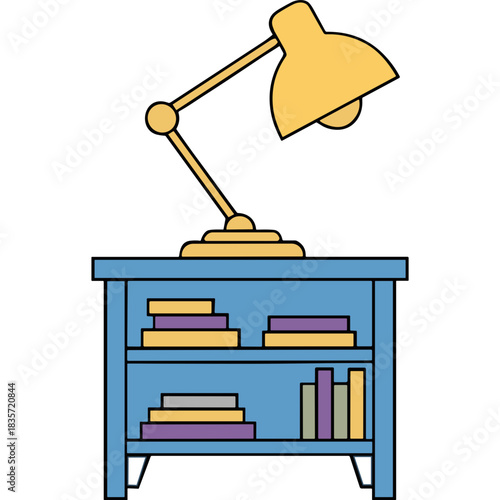 A Yellow Desk Lamp Illuminates a Blue Bookshelf Filled With Colorful Books on a Black Background A Simple Flat Illustration of Home Decor and Study Essentials