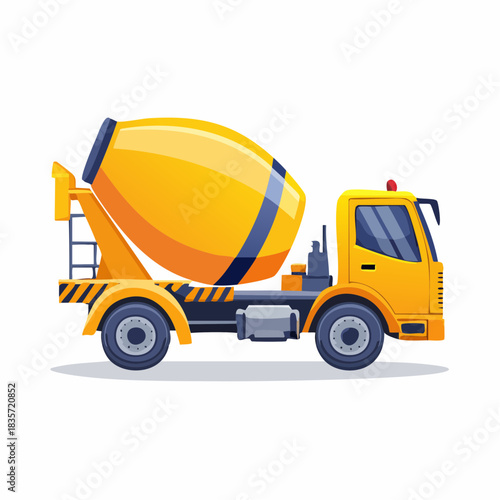 A vibrant illustration showcases a yellow concrete mixer truck, essential for construction projects, against a clean white backdrop, ready to deliver materials.
