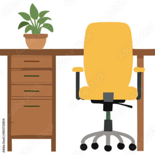 A Yellow Swivel Office Chair With Armrests Is Placed At A Wooden Desk With A File Cabinet And A Potted Plant On The Left Side Against A Transparent Background