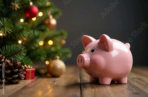 Money Piggy Bank in the form of a pig next to the Christmas tree. New Year's advertising poster for the banking sector. Promotion for financial business. Great deal, December sale.