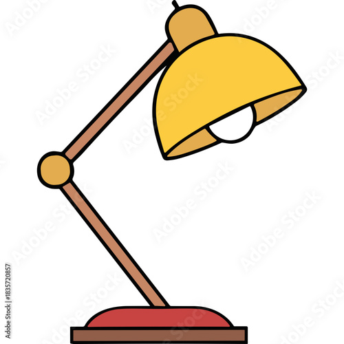 A Yellow Desk Lamp With A Red Base And A Light Bulb Illuminating On A Black Background