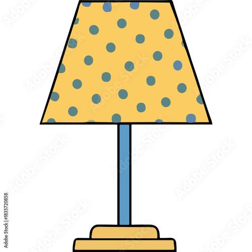 A Yellow Table Lamp with Blue Polka Dots and a Blue Stem on a Beige Base Illuminating a Room