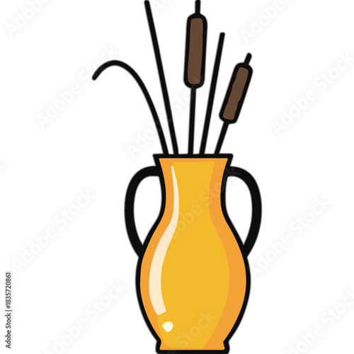 A Yellow Vase Filled With Cattails And Tall Stems Against A Black Background With Simple Clean Lines And Minimalist Design Accents