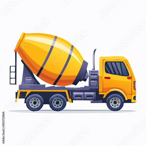 A vibrant illustration showcases a yellow concrete mixer truck, essential for construction projects and delivering building materials.