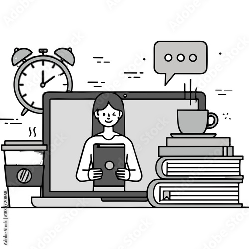 A Young Woman Engages in Online Learning Holding a Tablet in Front of a Laptop With Books and a Coffee Cup On Her Desk With an Alarm Clock In the Background