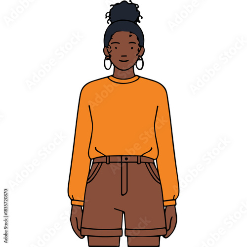A young Black woman stands centered wearing an orange long sleeve crew neck sweatshirt and brown high waisted shorts against a black backdrop