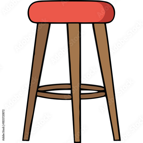A Tall Red Cushioned Bar Stool with Three Wooden Legs and Footrest on a Black Background