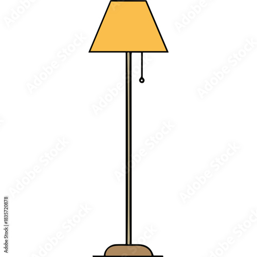 A Tall Standing Lamp with a Yellow Trapezoid Lampshade and a Simple Base on a Black Background