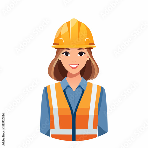 An illustrated female construction worker wearing a safety vest and hard hat, smiling and ready for the job at hand, isolated on white.