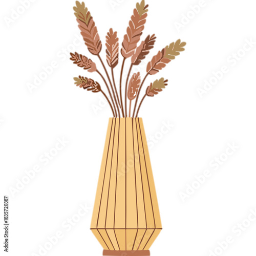 A Tall Terracotta Vase Filled With Dried Wheat Stalks In Earthy Tones Against A Transparent Background Perfect For Interior Decor And Agricultural Themes