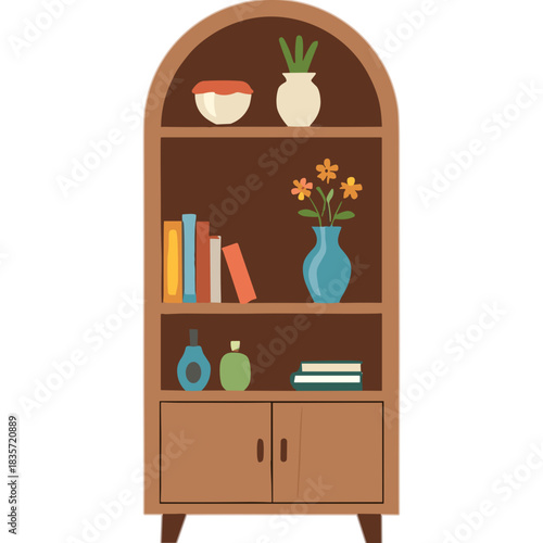 A Tall Wooden Bookcase with Decorative Items Including Books Vases and Plants on Shelves with Arched Top and Two Doors at Bottom Detailed Illustration