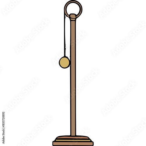 A Tall Wooden Standing Lamp With A Small Golden Orb Hanging From Its Neck On A Black Background