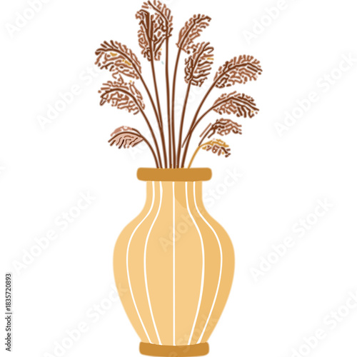 A Tall Yellow Ceramic Vase with White Stripes Filled with Tall Brown Feathery Grass Decorative Plant Arrangement on Black Background