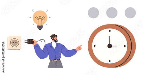 Man holding plug near socket, glowing light bulb symbolizing energy, large clock representing time. Ideal for energy management, time efficiency, productivity, innovation, sustainability, technology