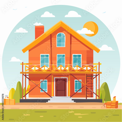 A vibrant illustration depicts a house under construction with scaffolding, showcasing architectural development and residential building in a sunny environment.
