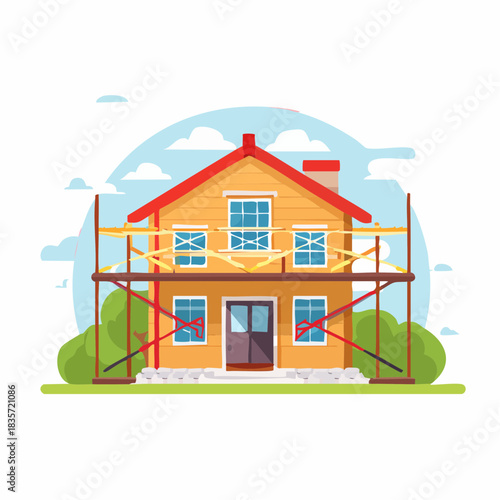 A charming illustration depicts a house undergoing renovation, complete with scaffolding, suggesting construction and home improvement.