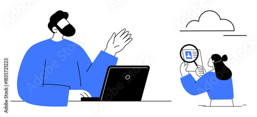 Digital identity verification. People analyzing identification through cloud-based technology and online systems. Digital identity ensures authentication for security. For fintech, remote work