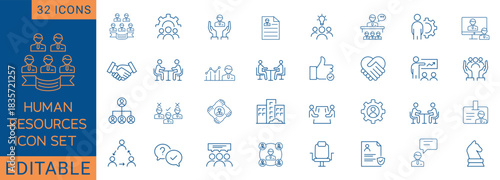 Human Resources and Recruitment icon set. Includes symbols for Interview, Hire, Team Management, and Performance Review. Fully Editable