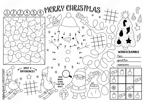 Vector Christmas village placemat for kids. Winter holiday printable activity mat with maze, tic tac toe charts, connect the dots, find difference. New Year black and white play mat or coloring page