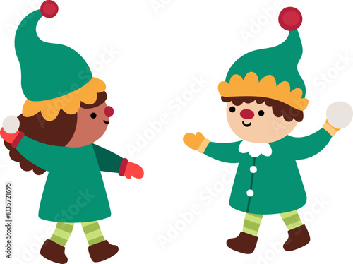 Vector Christmas elf boy and girl playing snowballs. Cute new year symbol gnome in green hats doing winter sport illustration for kids. Winter holiday dwarf icon isolated on white background